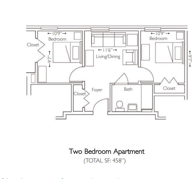 Floor plan of a two-bedroom apartment with labeled rooms.