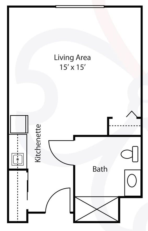 Schematic floor plan featuring a living area, kitchenette, and bathroom layout.