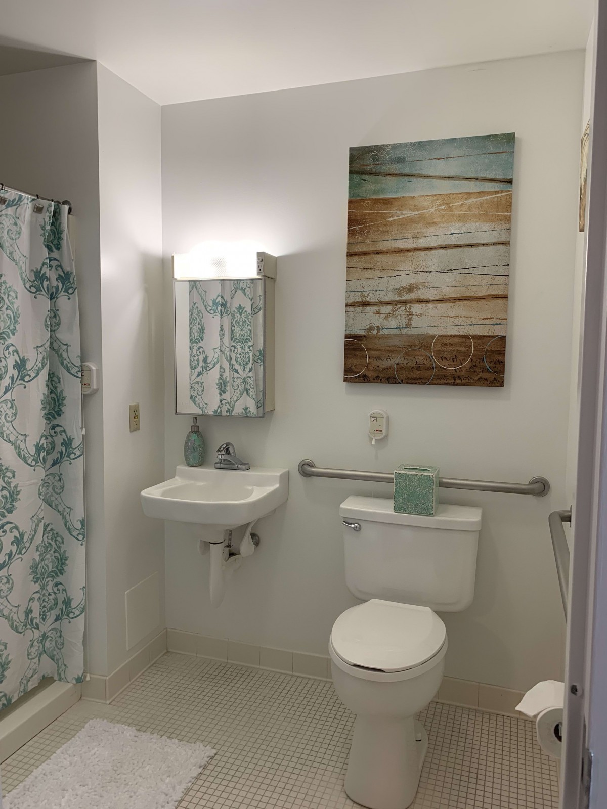A modern bathroom with a sink, toilet, and decorative elements.