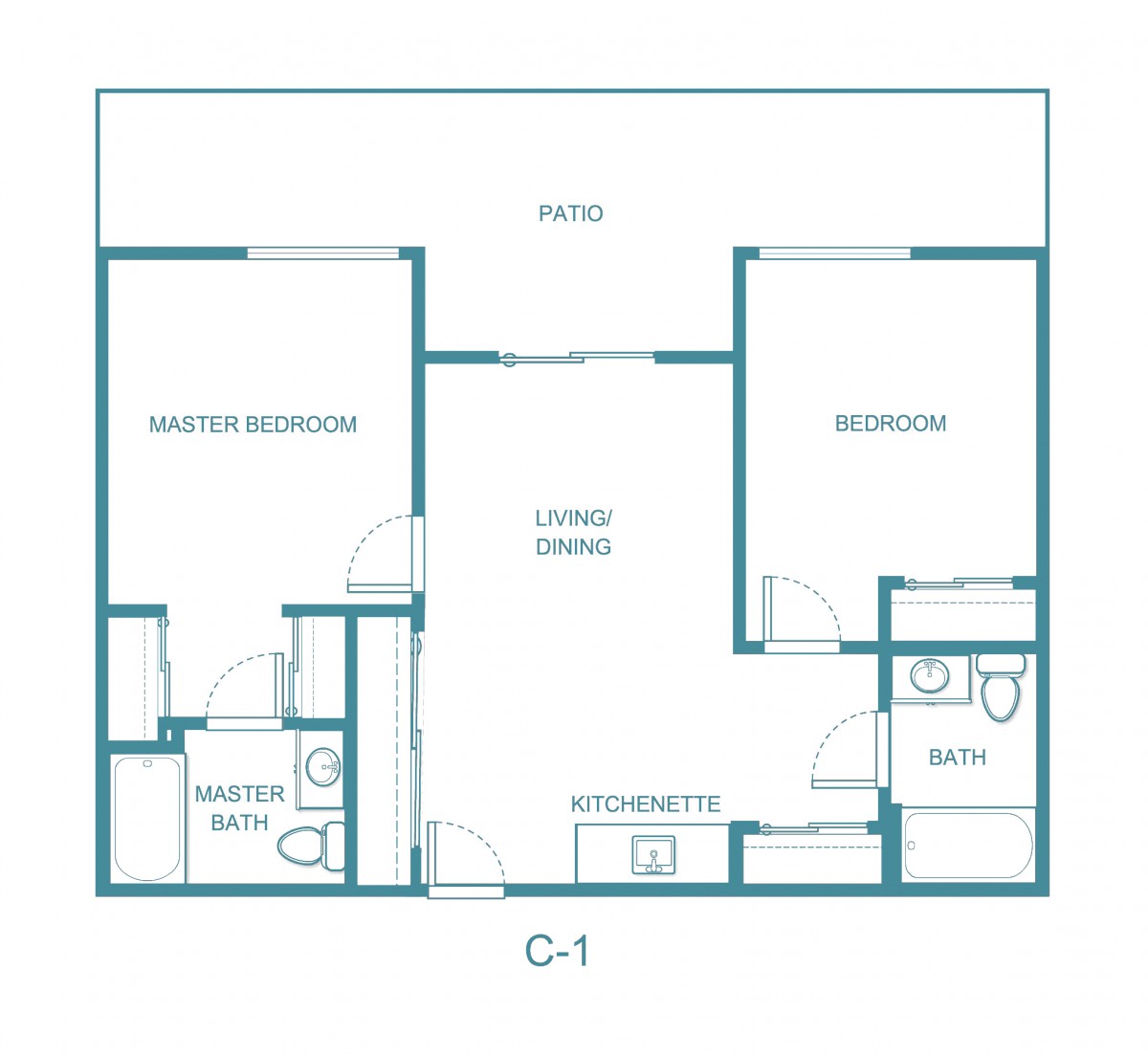 A floor plan of a two-bedroom apartment featuring a master bedroom with an ensuite bathroom, a second bedroom, living/dining area, kitchen, and additional bathroom.