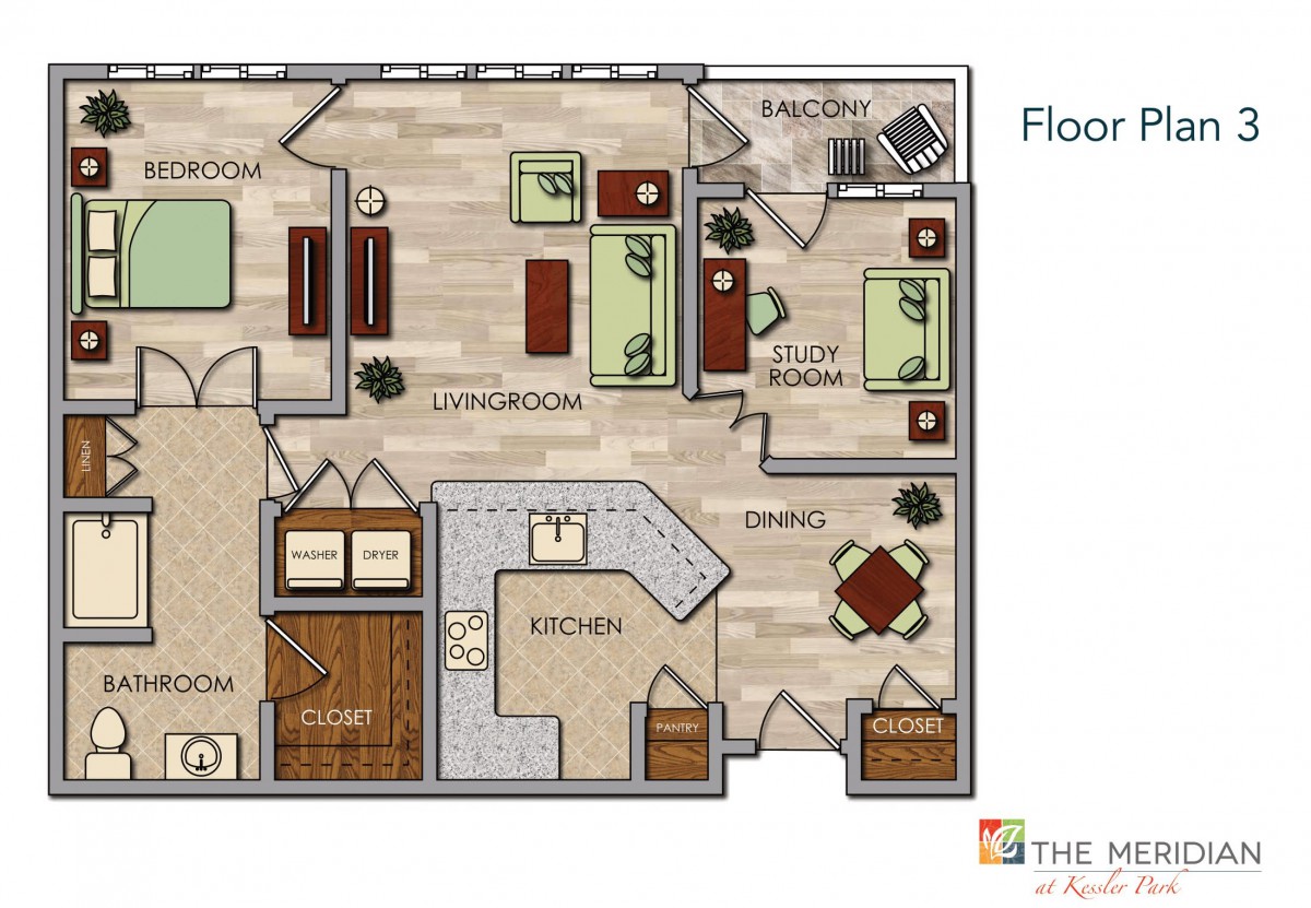 A detailed floor plan showcasing an apartment layout with designated living areas, kitchen, and bedrooms.