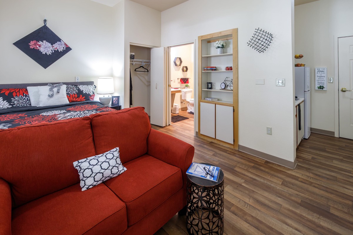 A cozy living room with a red sofa, decorative cushions, and wood flooring.