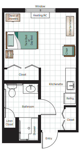 A compact apartment floor plan featuring a bedroom, bathroom, kitchenette, and closet.