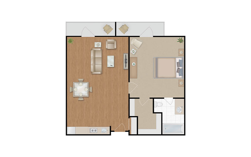 A modern apartment floor plan featuring a living room and bedroom with designated furniture placement.
