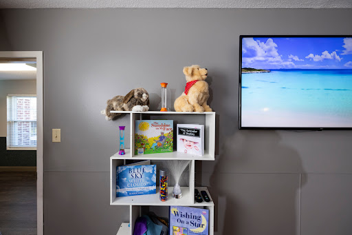 A cozy living room corner featuring a shelf with toys and books, accompanied by a television displaying a serene beach scene.