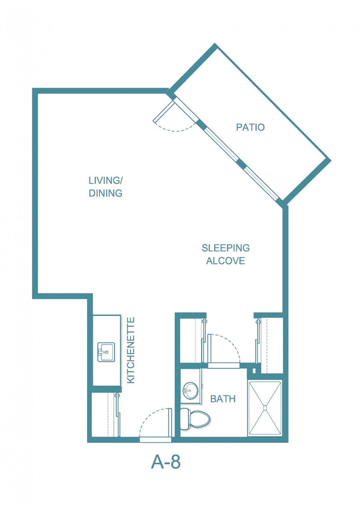 Studio apartment floor plan with a sleeping alcove and patio.