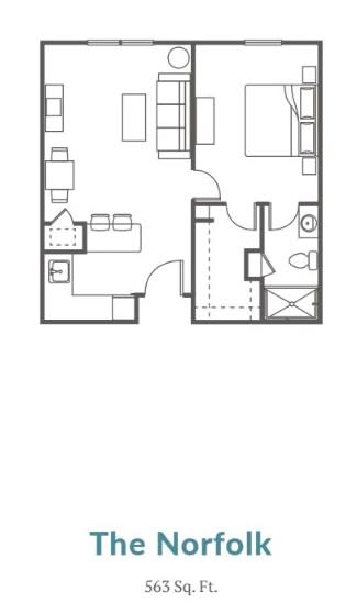 A floor plan of a one-bedroom apartment showing the layout of rooms and furniture.