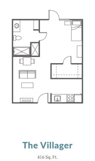 A simple floor plan of a small apartment featuring a living area, kitchen, and bathroom.