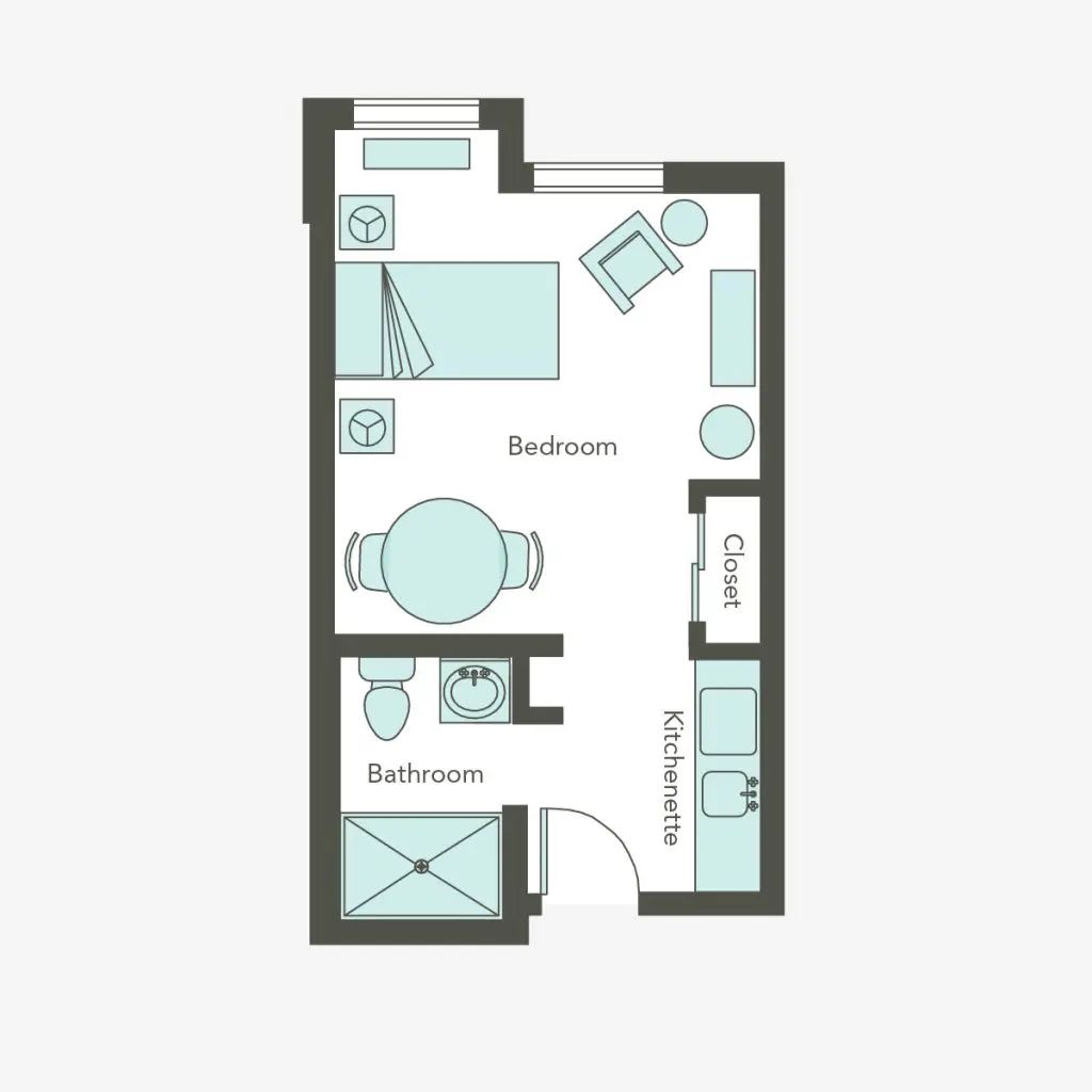 A compact studio apartment floor plan with essential amenities.