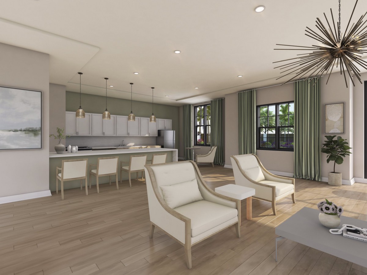 A modern open-concept living space featuring a seating area and a stylish kitchen with bar stools.