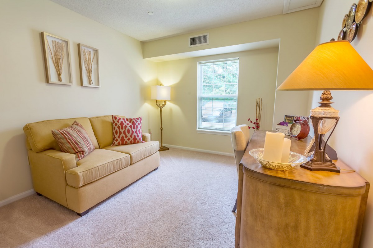 A cozy living room with a sofa, lamp, and window providing natural light.