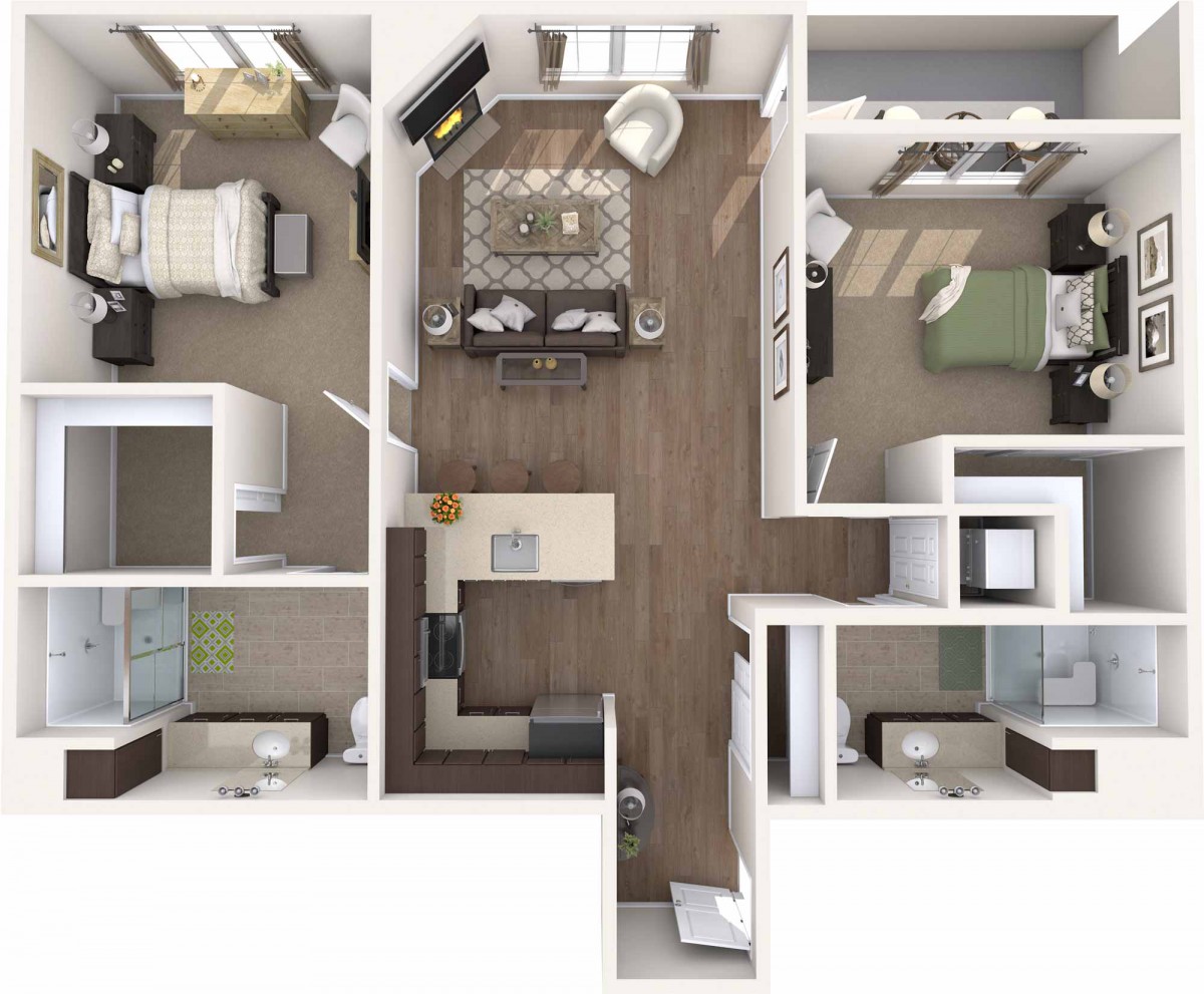 A two-bedroom apartment floor plan with a kitchen, living room, and bathroom.