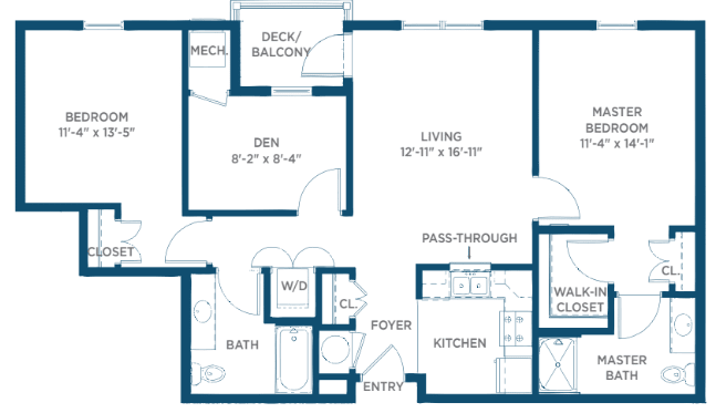 This image shows a floor plan of a one-bedroom apartment with a living room, kitchen, bathroom, den, and balcony.