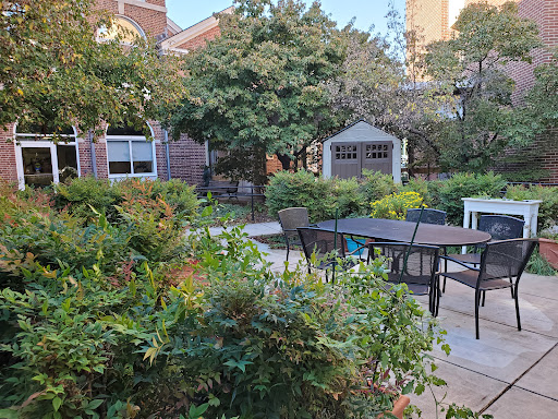 A serene garden space featuring a table and chairs surrounded by lush greenery.