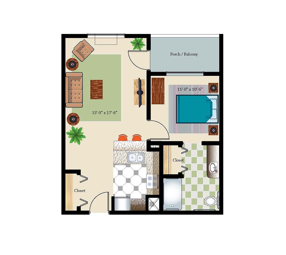 A floor plan of a small apartment featuring a living room, kitchen, bathroom, bedroom, and patio.