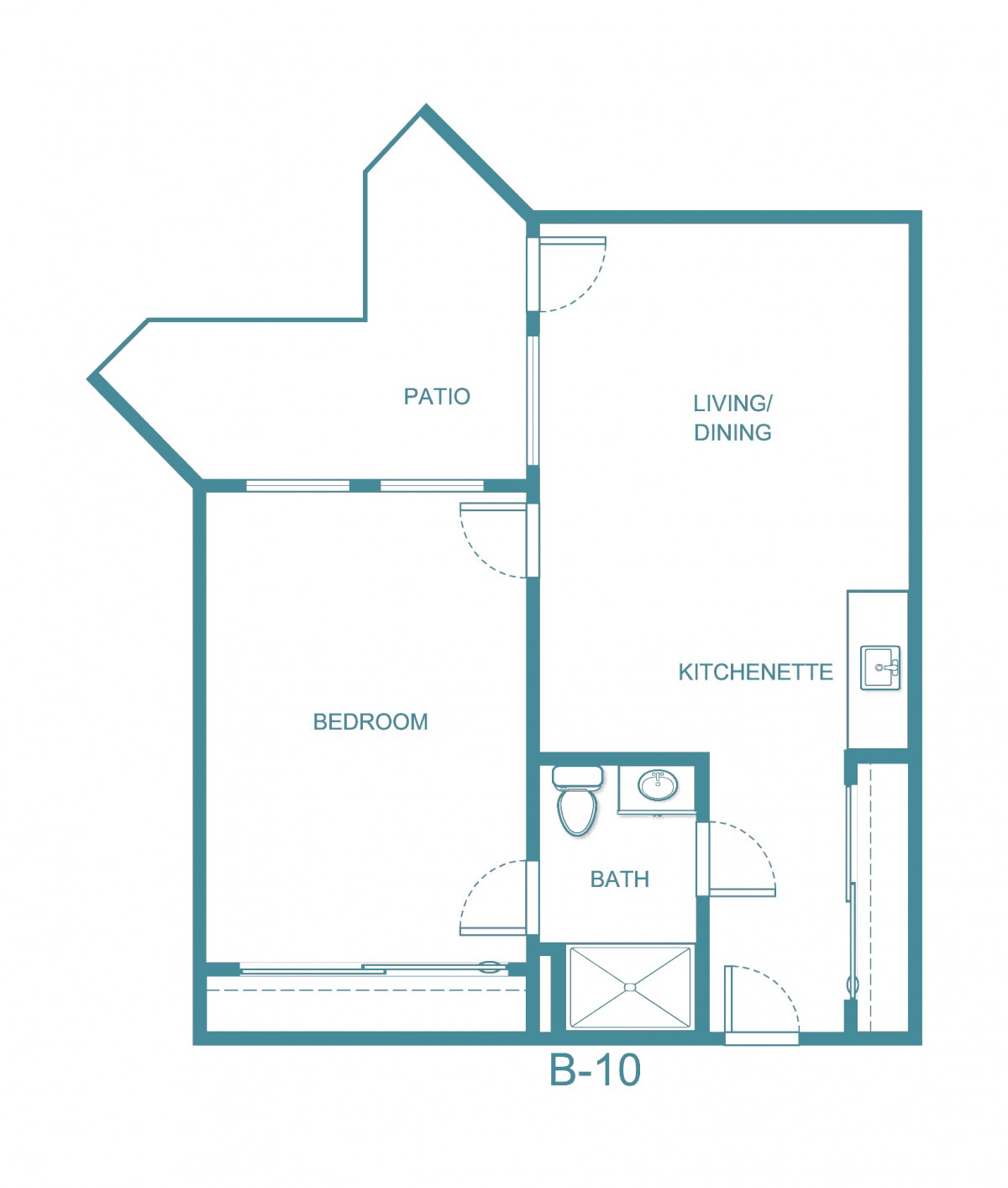 A simple floor plan of a one-bedroom apartment featuring a living/dining area, kitchenette, bathroom, and balcony.