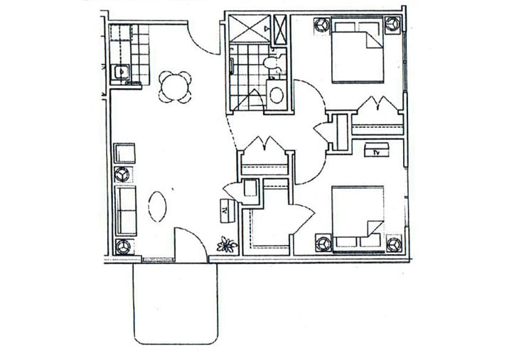 A detailed floor plan depicting an apartment layout with two bedrooms, a bathroom, and a living area.
