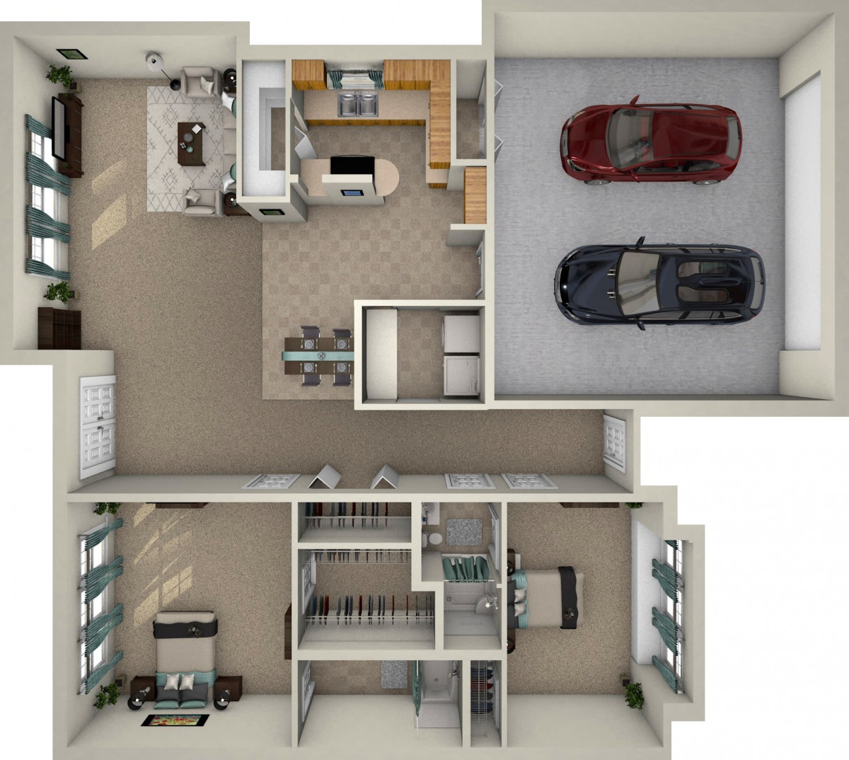 A 3D floor plan showing a house layout with an open kitchen, living area, and attached garage with two parked cars.