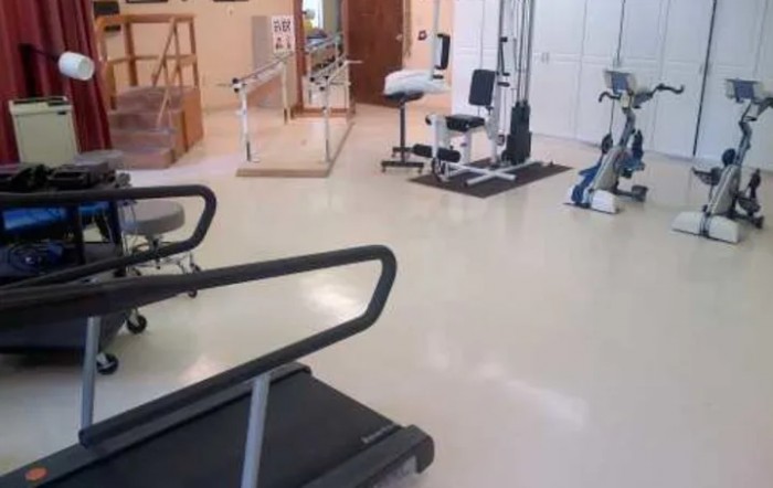 A gym with various exercise equipment and a treadmill.