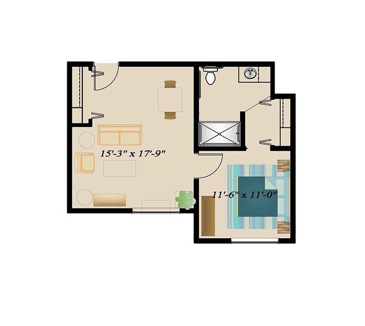 A simple one-bedroom apartment floor plan with a living room, kitchen, and bathroom layout.