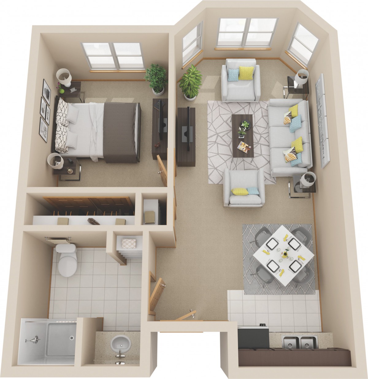A 3D floor plan of a one-bedroom apartment featuring a living room, kitchen, dining area, and bathroom.
