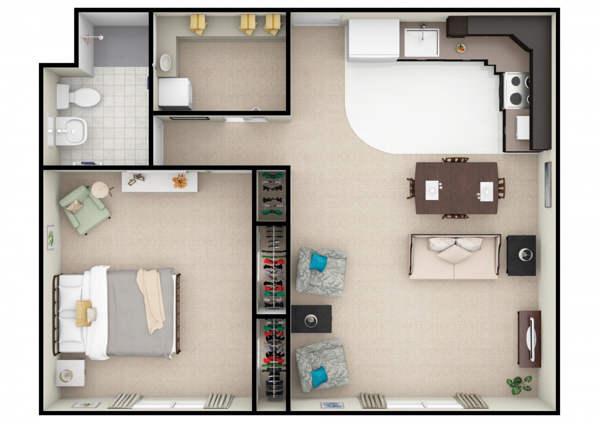 A detailed floor plan of a one-bedroom apartment including a kitchen, living room, and bathroom layout.