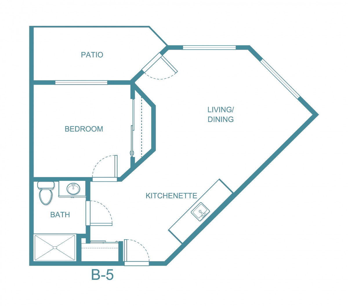 A floor plan of a one-bedroom apartment with a patio, living area, kitchenette, and bathroom.