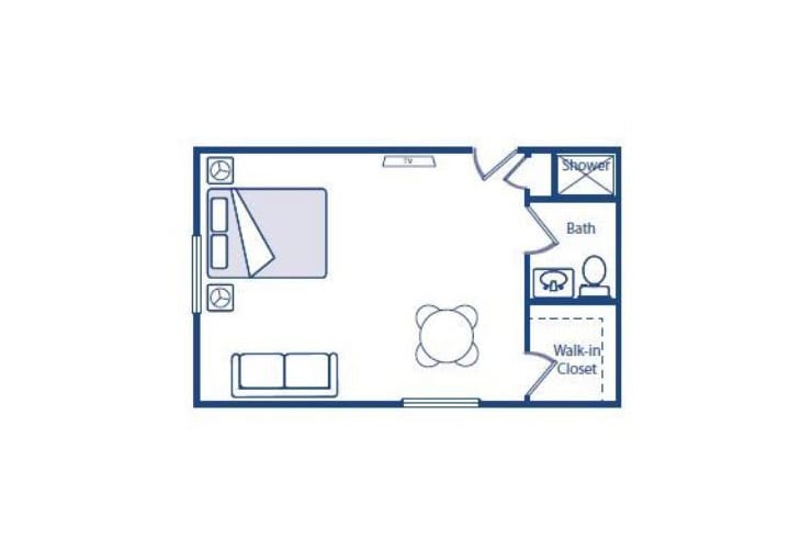 A basic floor plan of a studio apartment with a bedroom area, living space, and bathroom.