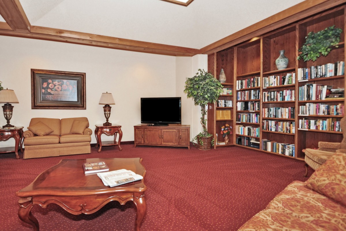 Cozy living room with bookshelves, a television, and classic furniture.