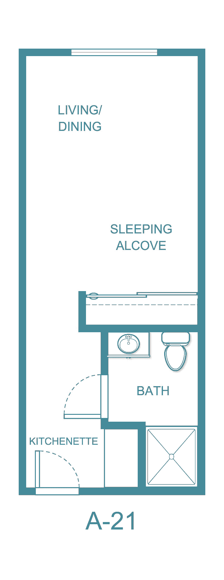 Studio apartment floor plan with sleeping alcove and bathroom.