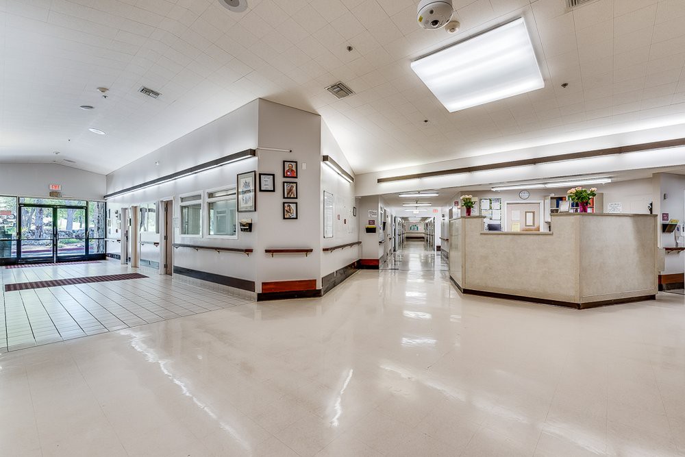 A clean and well-lit hospital corridor.