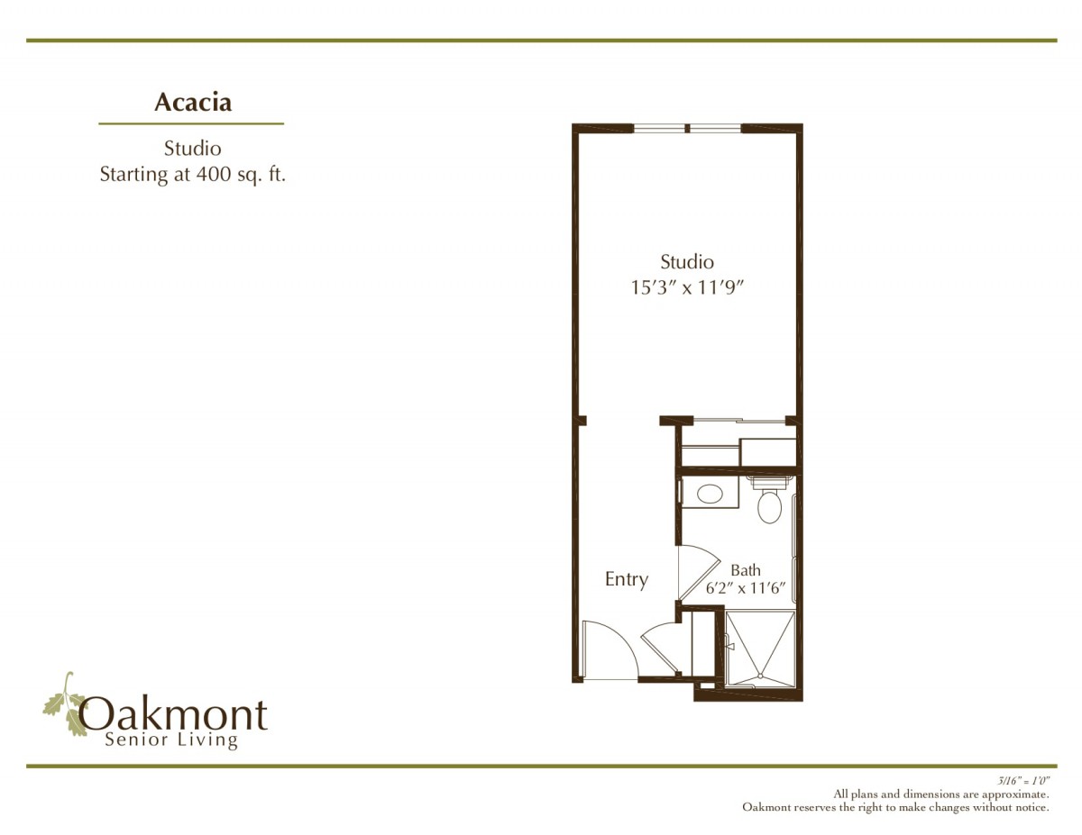Acacia Studio Apartment Floor Plan, 400 sq. ft.