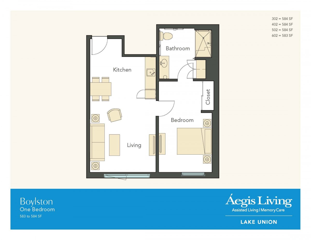 A floor plan of a one-bedroom apartment with labeled kitchen, living room, bedroom, and bathroom areas.
