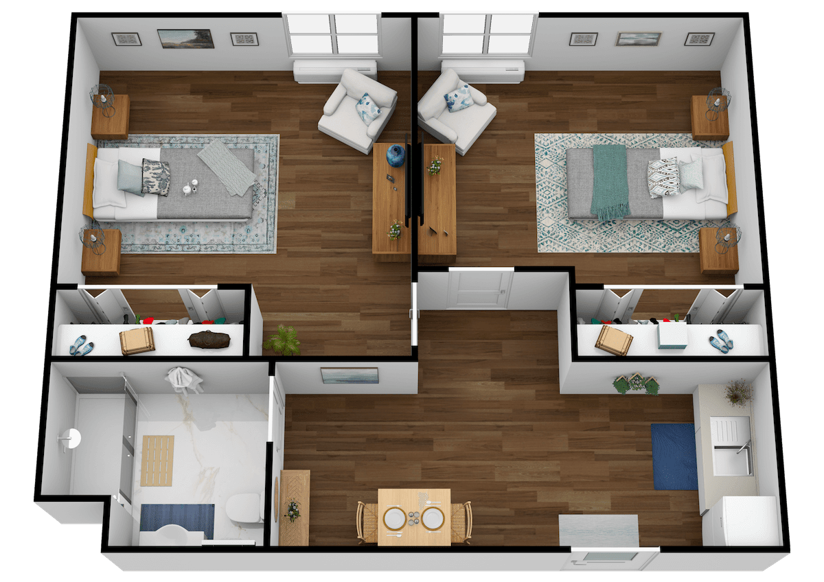 3D floor plan of a two-bedroom apartment with living room, kitchen, and bathroom.