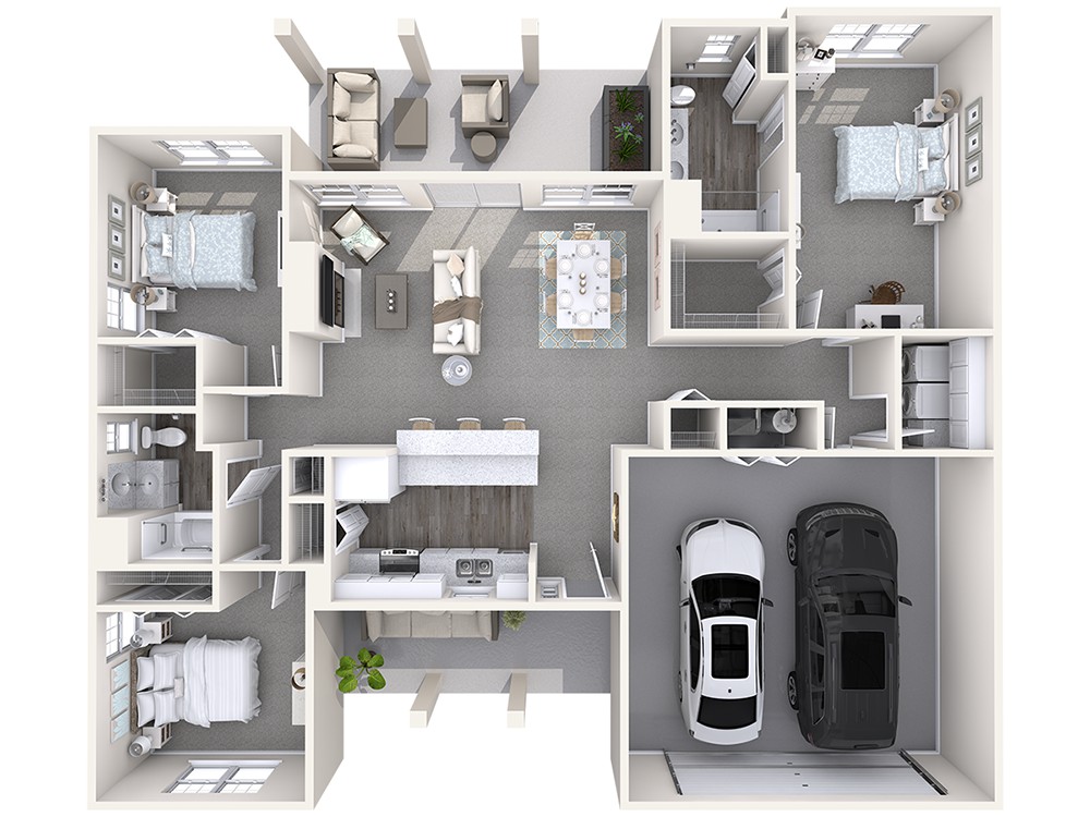 A 3D floor plan of a modern house with multiple rooms and an attached garage.
