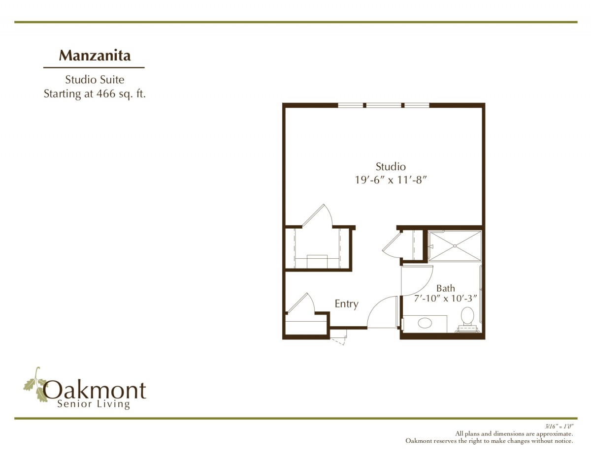 Studio apartment floor plan with living space and bathroom layout.