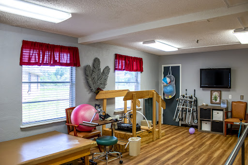 A bright and inviting rehabilitation area equipped with various exercise tools for physical therapy.