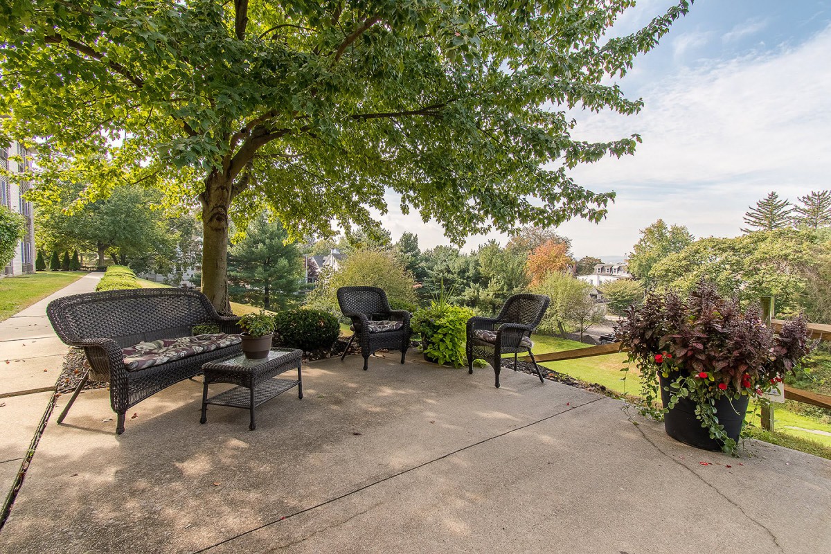 A serene patio with comfortable seating surrounded by lush greenery.