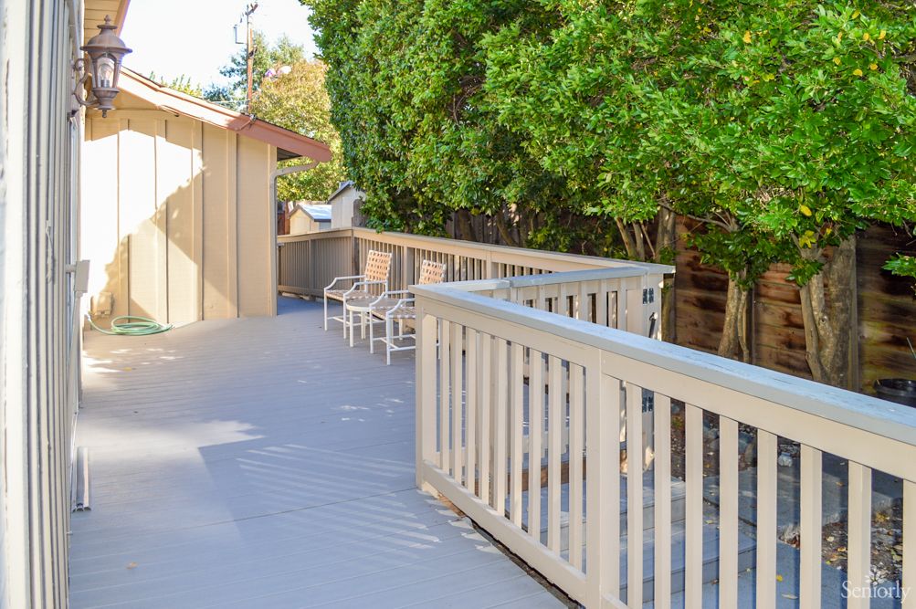 A spacious outdoor deck with chairs, surrounded by lush trees.