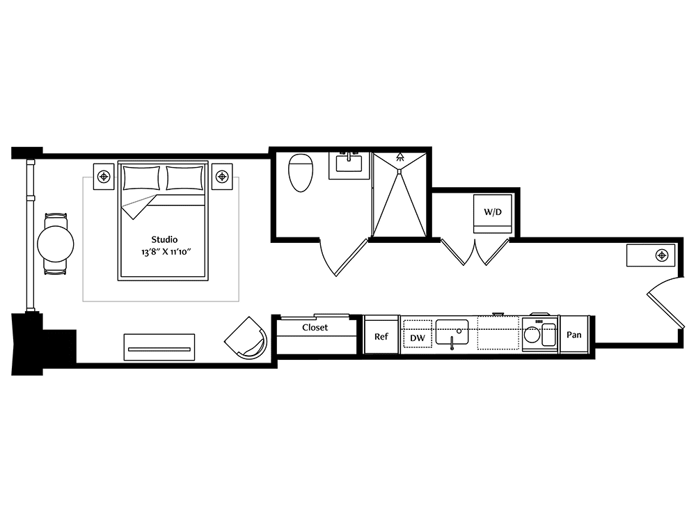 A detailed floor plan of a compact apartment featuring a bedroom, bathroom, kitchen, and living area.