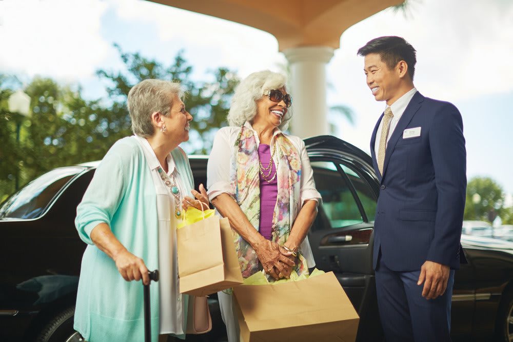 Two elderly women with shopping bags converse with a man in a suit next to a car.