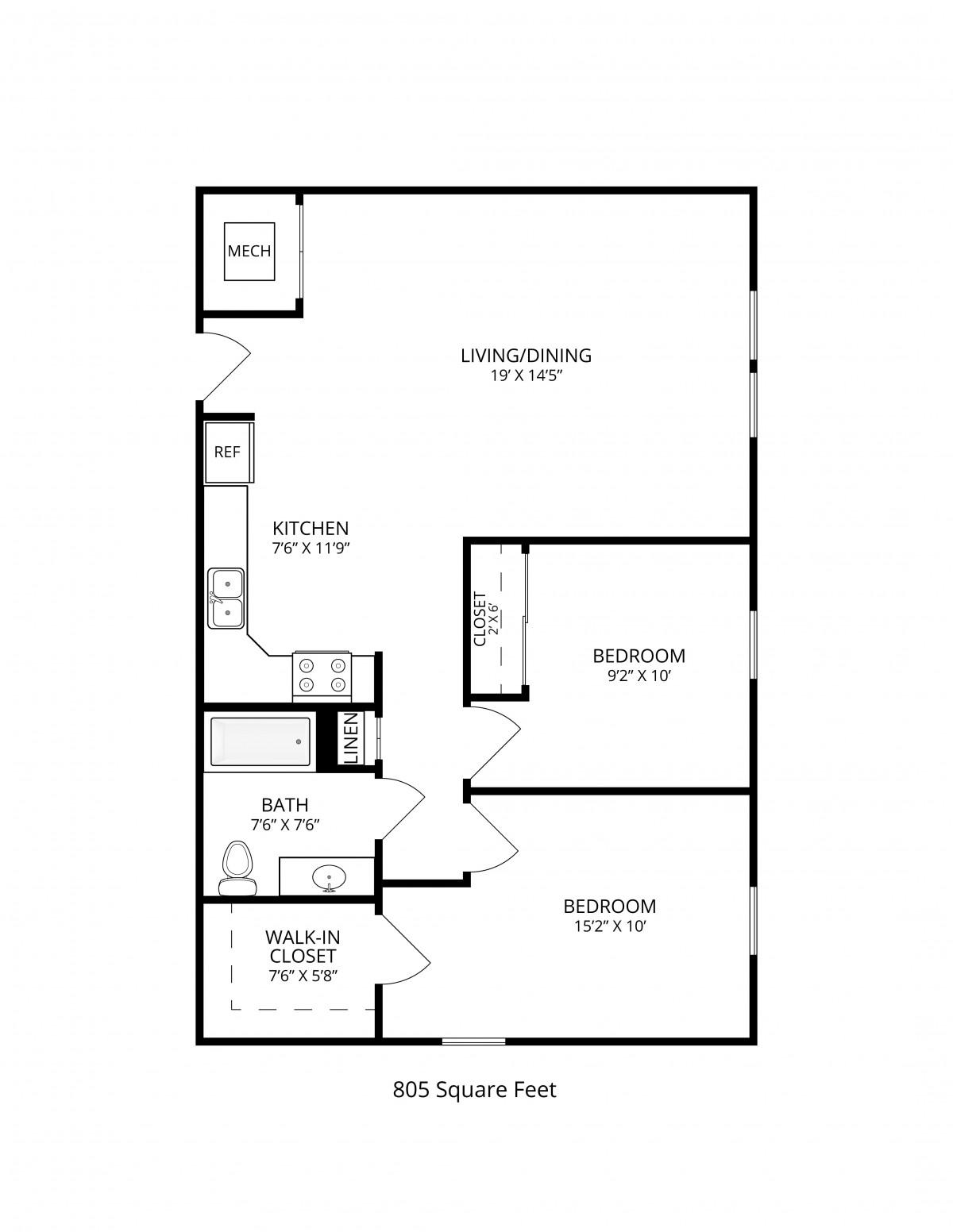 A floor plan of a two-bedroom apartment with labeled living areas.