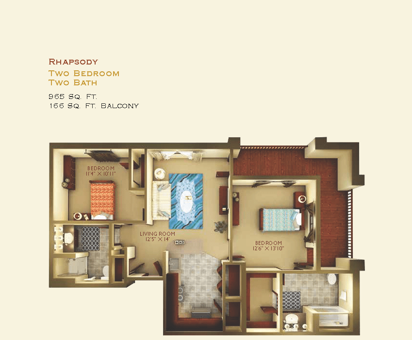A detailed floor plan of a two-bedroom apartment with a living room, kitchen, and bathroom.