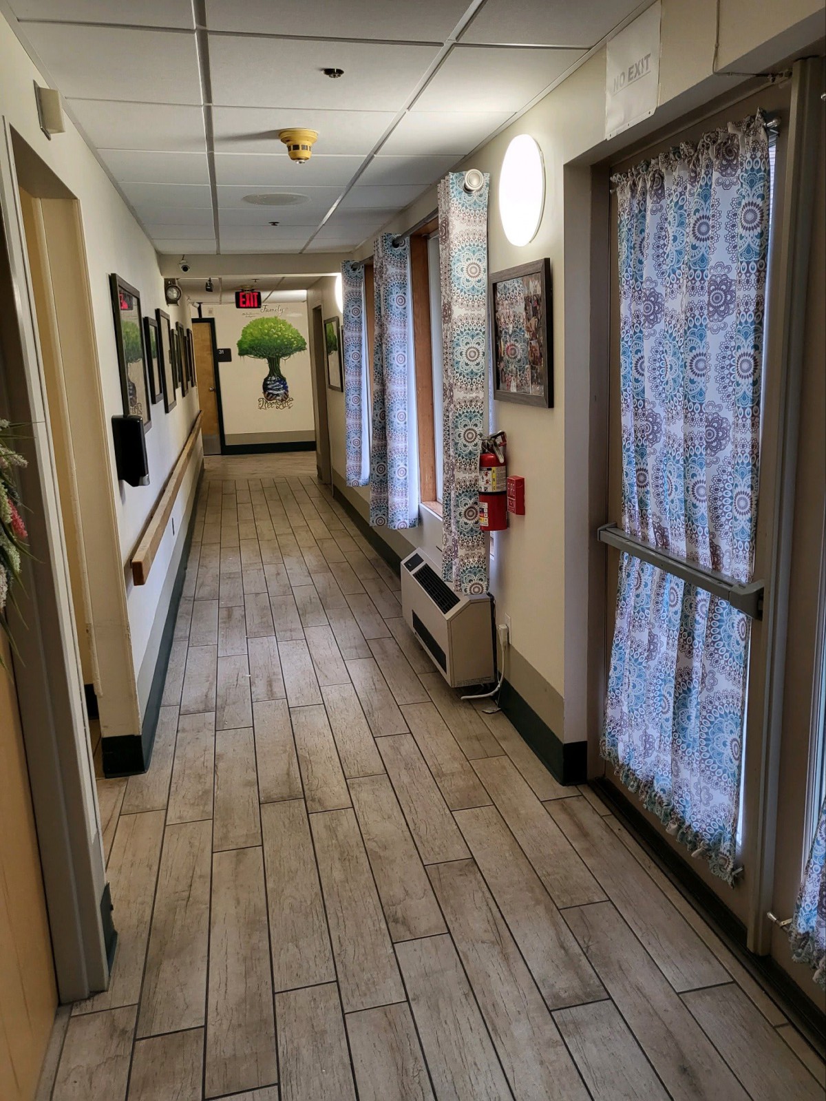 A well-lit hallway featuring artwork on the walls and large windows with sheer curtains.