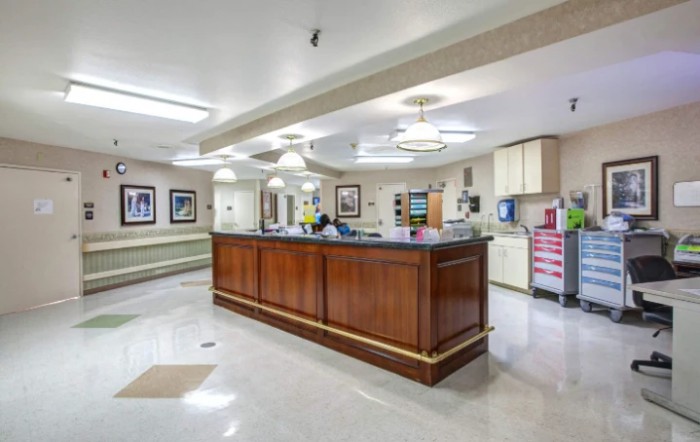 A clean and well-lit reception area in a hospital or healthcare facility.