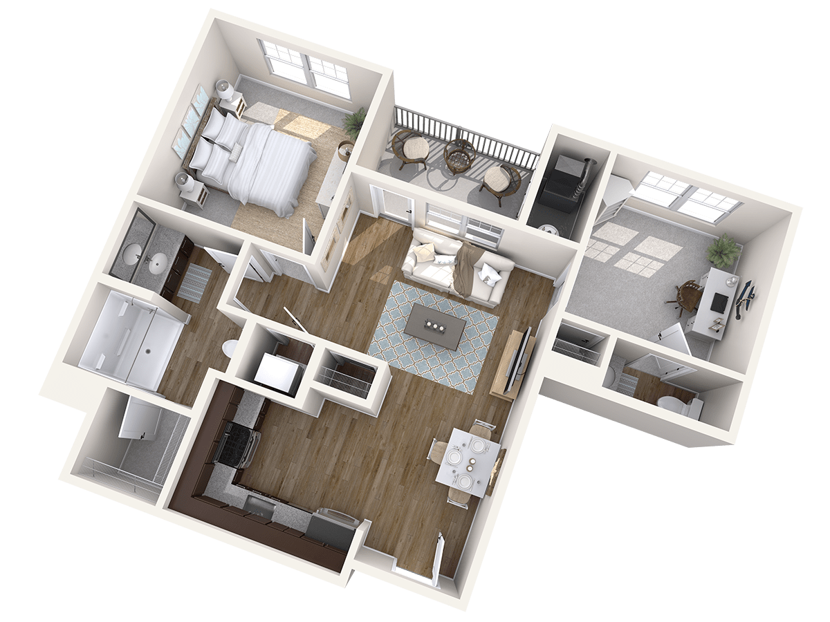 3D rendered floor plan of a modern apartment layout.