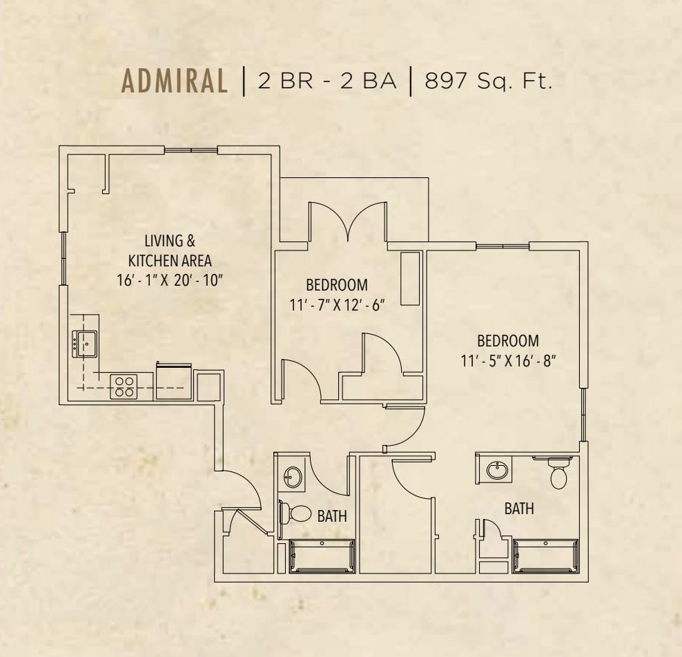 The 'Admiral' floor plan features a 2-bedroom, 2-bathroom apartment spanning 867 square feet.
