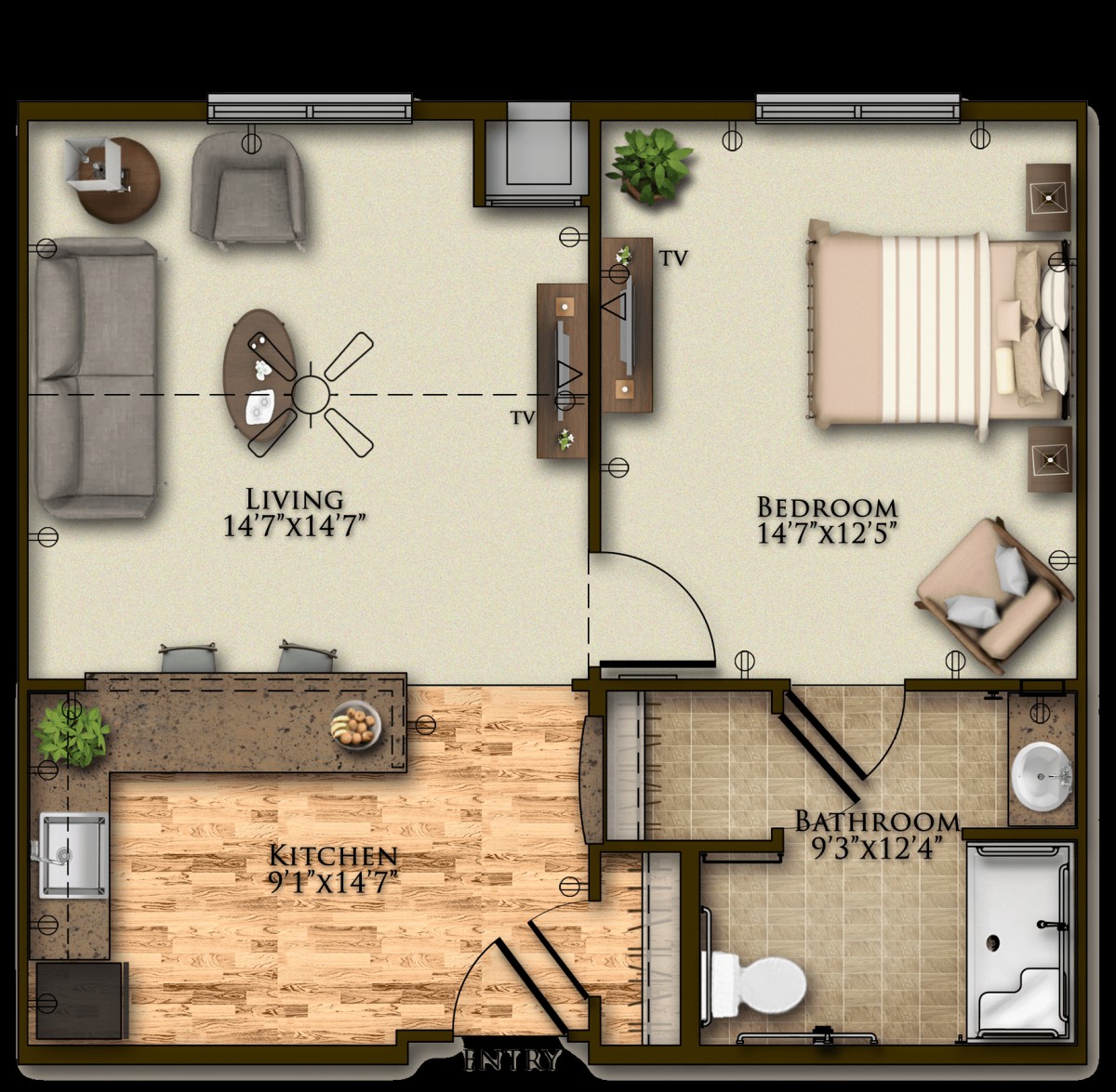 A detailed floor plan of a one-bedroom apartment, featuring a living room, kitchen, and bathroom.