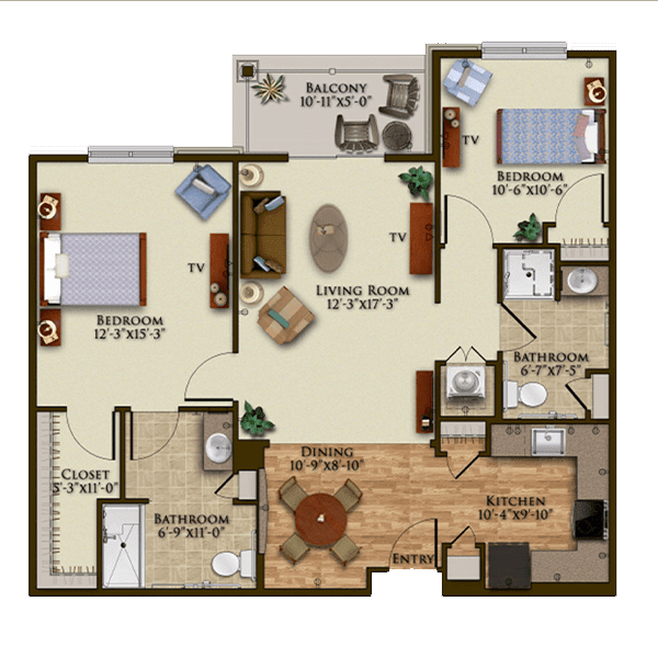 A detailed floor plan of a two-bedroom apartment with labeled rooms including living room, kitchen, and bathrooms.