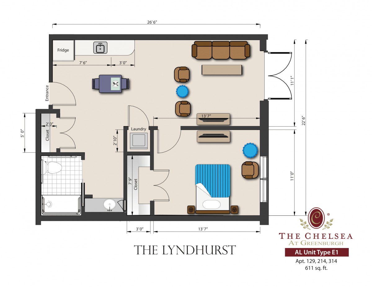 The Lyndhurst apartment floor plan featuring a one-bedroom layout with a living room, kitchen, and bathroom.
